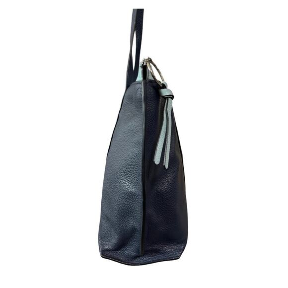 Coach May Navy Blue Pebbled Leather Tote Shoulder Bag Two Tone Light Blue Trim - Picture 10 of 15